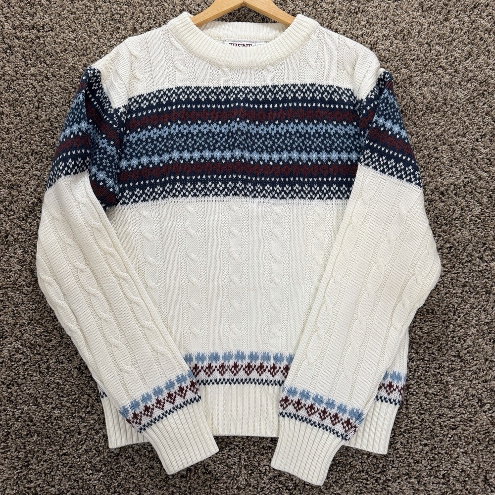 Vintage Alpine Fair Isle Cable Knit Sweater Cream Nordic Crewneck‎ Large Trent